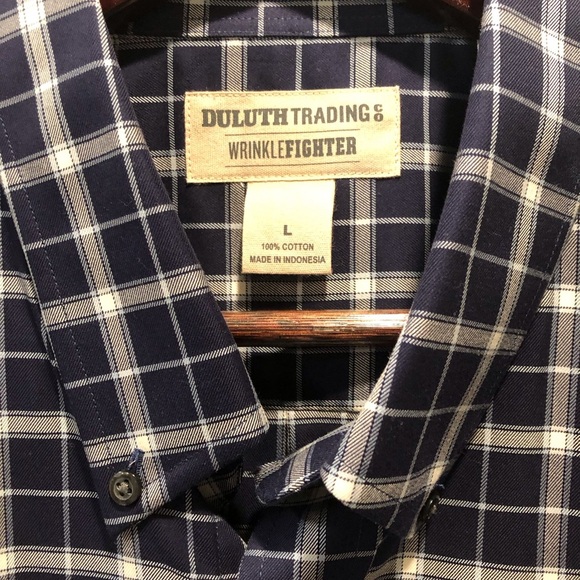 Duluth Trading Co Men's Large Navy White Checkered Shirt Button Down S/S Pocket - Picture 4 of 5